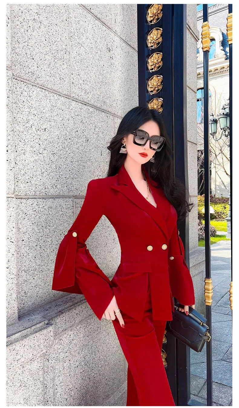 Women's Casual Notched Collar High Waist Long Sleeves Two Piece Set